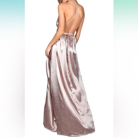 Blush Pink Sexy Satin Deep V-Neck Backless maxi Dress - Picture 2 of 2